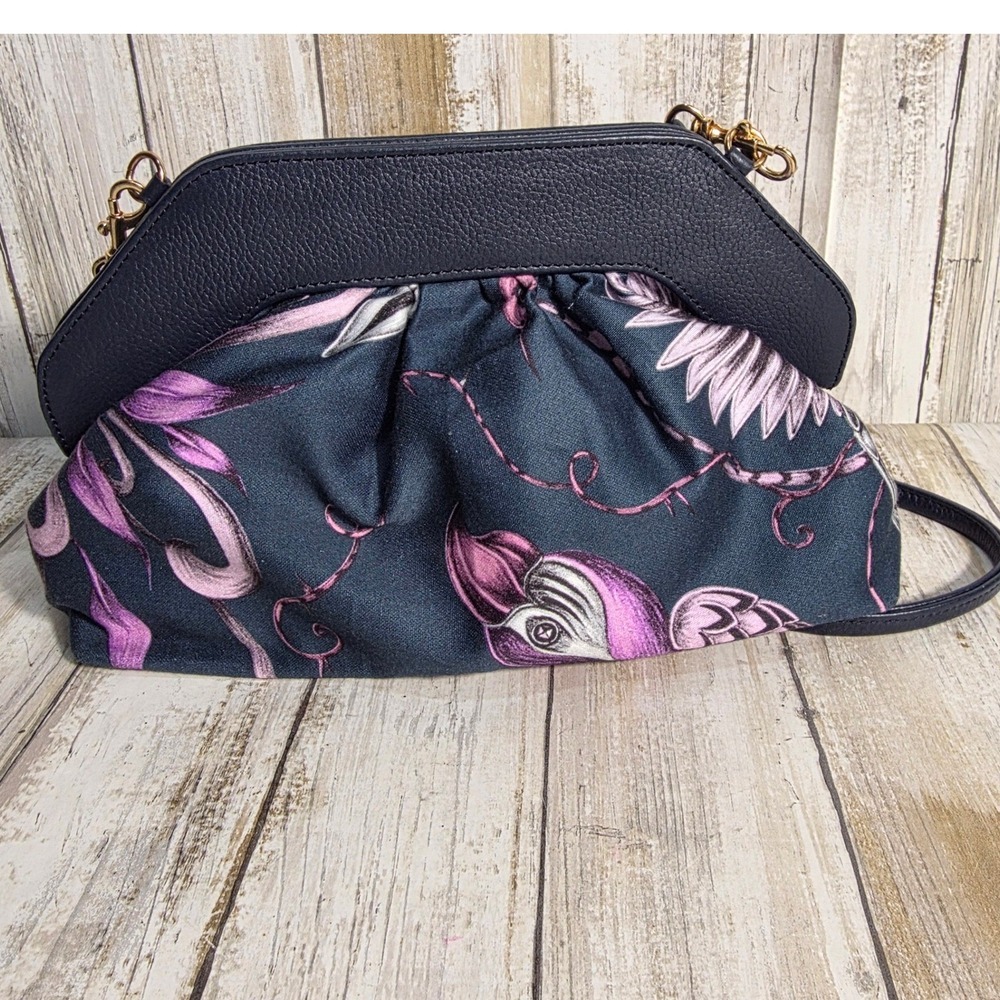 Vintage Navy Leather & Purple Bird Print Reversible Frame Clutch Crossbody Bag - Picture 6 of 6
